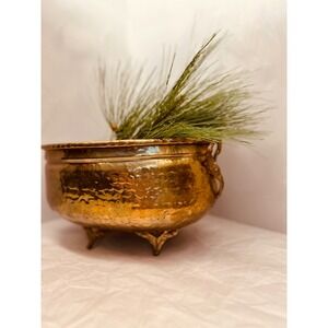 vintage hammered brass jardiniere oval elephant handles patina India 11.5x6x7.5"
